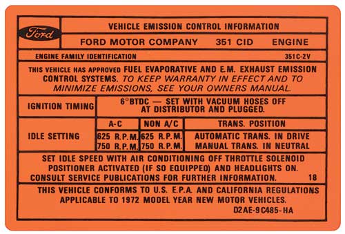 download Ford Torino Ranchero Emission Decal 351C 2V AT MT workshop manual