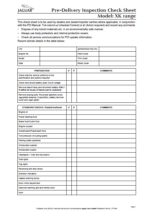 download JAGUAR Pre Delivery Inspection Check Sheet Model XK range 2 workshop manual