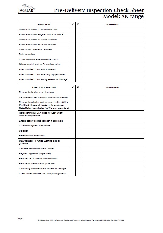 download JAGUAR Pre Delivery Inspection Check Sheet Model XK range 2 workshop manual