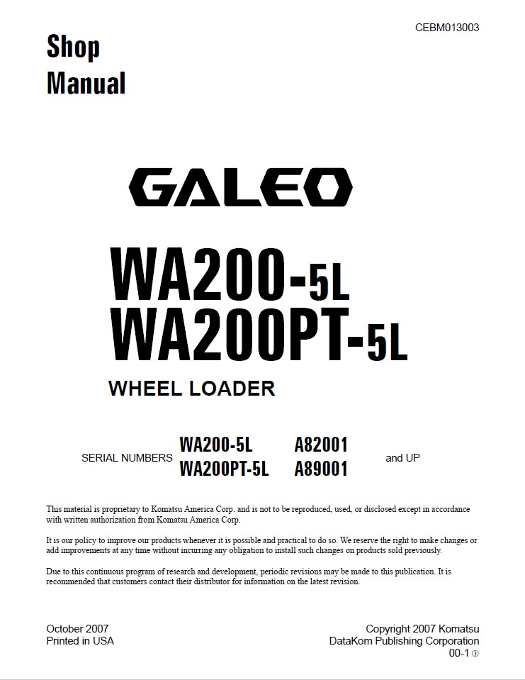 download KOMATSU WA200 5L WA200PT 5L Wheel Loader + Operation able workshop manual